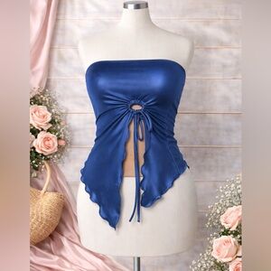 Blue Satin Strapless Ruched Tie Front Top